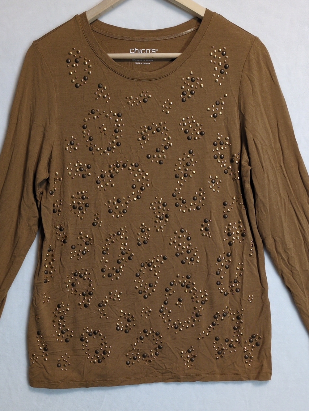 Chico's Size 1 US M Studded Animal Print Top Tan Brown Long Sleeve Crew Neck